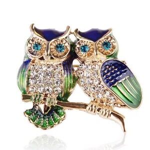 Blue and green Owl Brooch Gold Tone Enamel Statement Pin
